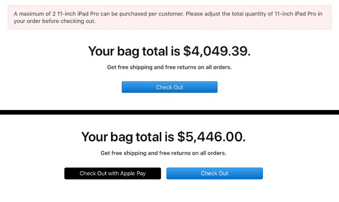Limits are typically only shown at checkout. Top: how a checkout appeared on Thursday March 19. Bottom: how a similar checkout appears on Monday March 23.