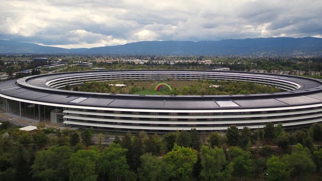Apple Park appears all but abandoned due to government lockdown orders and Apple work-from-home policies.