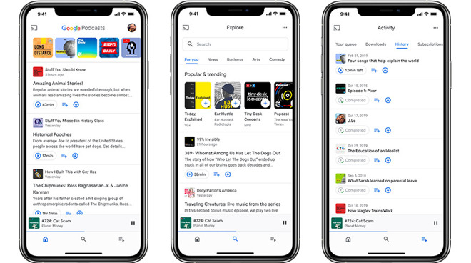 The new Home, Explore, and Activity tabs on the iOS Google Podcast app