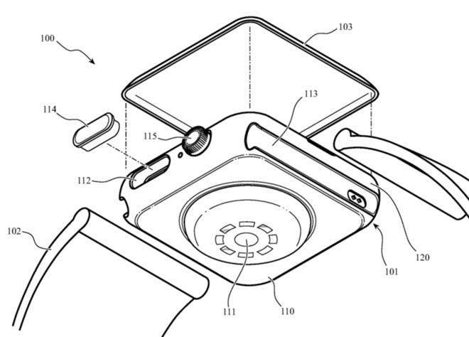 Detail from the patent showing the Apple Watch housing as distinct from the front face