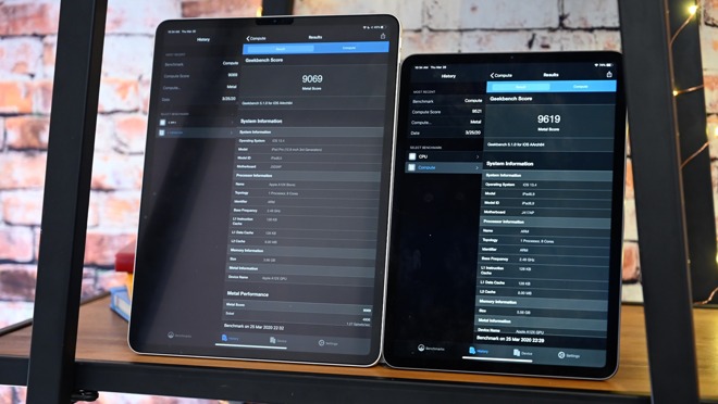 Geekbench Computer Metal graphics test on 2018 (left) and 2020 (right) iPad Pros