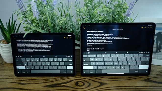 On-screen keyboard displayed on the 11-inch (left) and 12.9-inch (right) iPad Pros