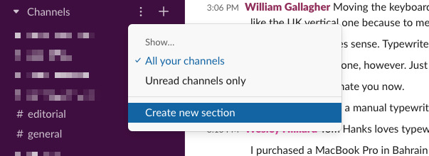 Clicking the three dots will allow you to create a new section in the Slack sidebar.
