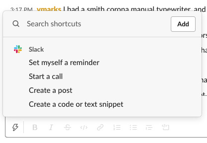 Slack's new shortcuts options.