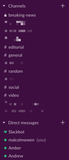 The familiar full and long view of channels in an unordered Slack.