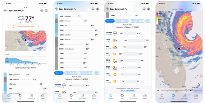 Screen captures from the existing iPhone version of Dark Sky