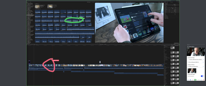 All users in a Screen meeting can highlight the others' displays. Here one person is marking out a point in a Final Cut Pro X timeline (in red) while another is recommending a clip to use next (green)