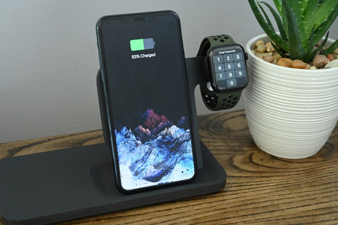 Logitech Powered 3-in-1 Dock with an iPhone 11 Pro Max and Apple Watch