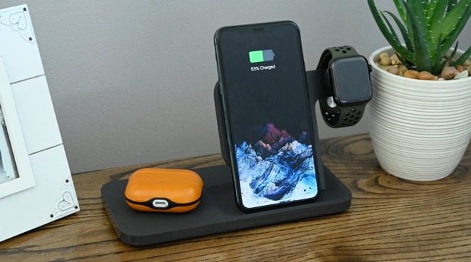 Logitech Powered 3-in-1 Dock with an iPhone 11 Pro Max, AirPods Pro, and Apple Watch