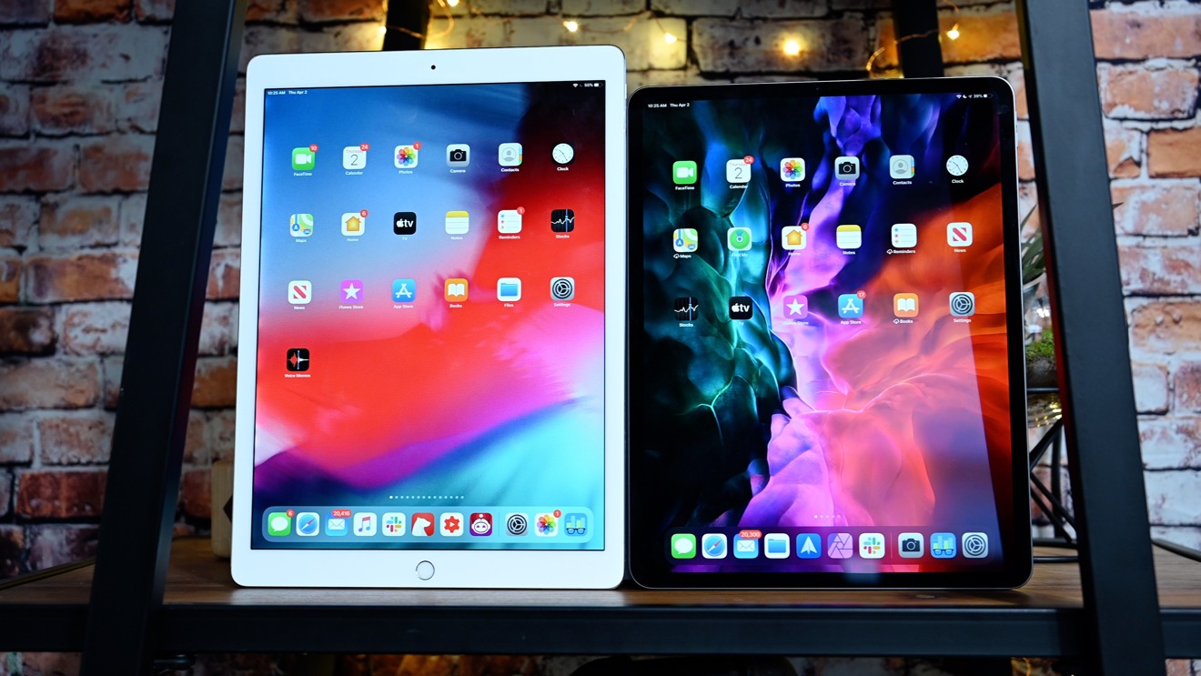 The fronts of the 2017 and 2020 12.9-inch iPad Pros