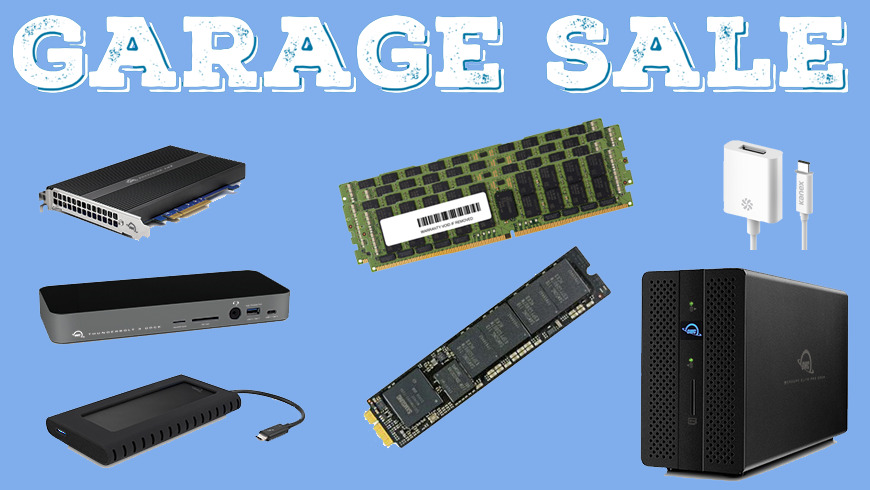 Garage Sale sign with Thunderbolt 3 docks, Mac memory upgrades and storage solutions