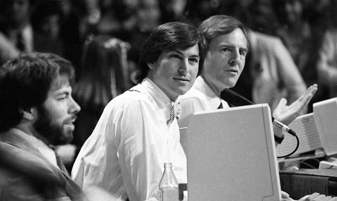 L-R: Steve Wozniak, Steve Jobs, and then-CEO of Apple, John Sculley at the Apple II Forever event