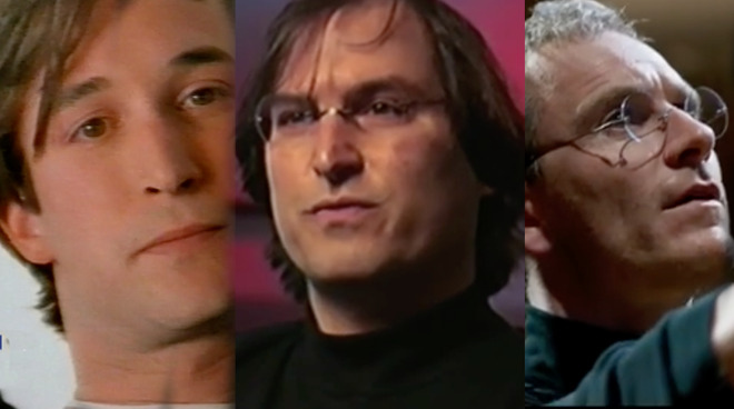 Left: Noah Wyle as Steve Jobs. Right: Michael Fassbender as Steve Jobs. Center: Steve Jobs himself.