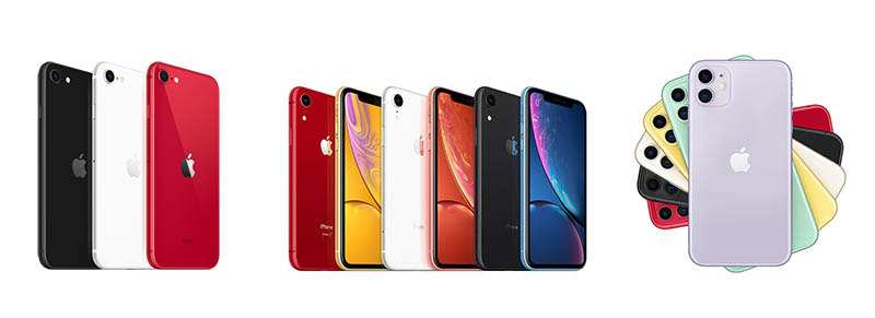 Apple's new iPhone SE (let), iPhone XR (center), and iPhone 11 (right)