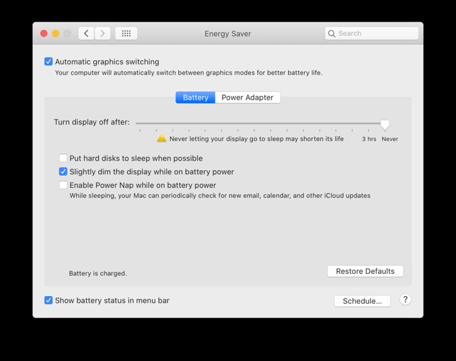 The Energy Saver control panel before the second macOS 10.15.5 beta release