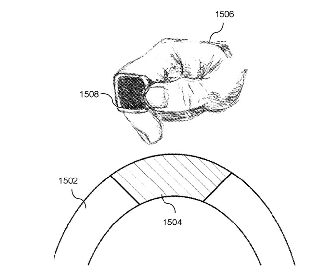 The patent also describes various ways in which a ring could be charged, here including a connector on a car steering wheel