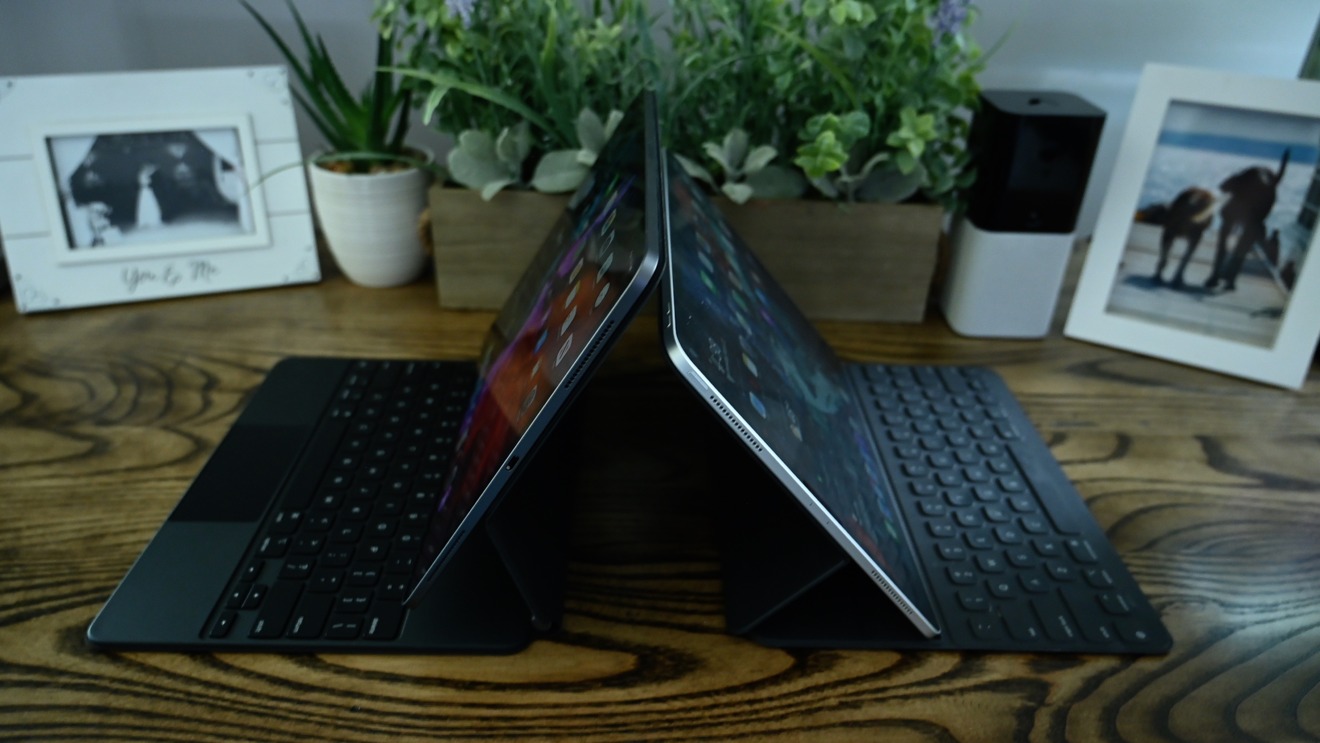 iPad Pro 12.9-inch on the Magic Keyboard (left) and the Smart Keyboard Folio (right)