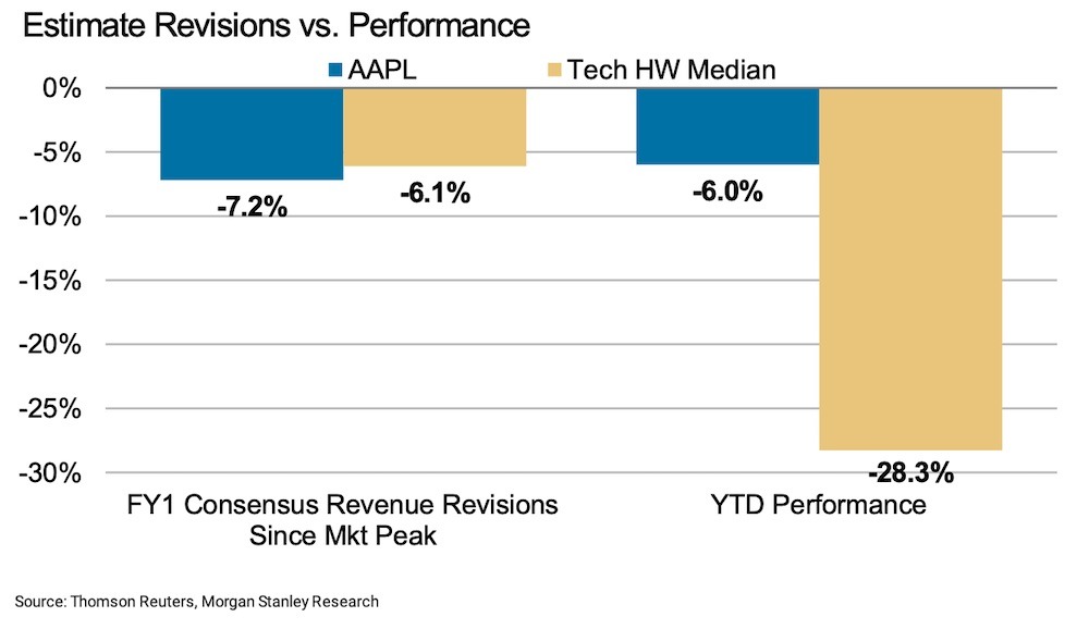 Apple's stock performance outpaces the broader IT Hardware space by a large percentage. Credit: Morgan Stanley