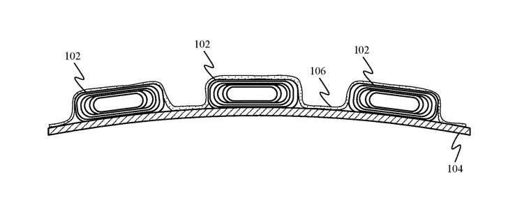 Detail from the patent illustrating one example of battery cells on a flexible mounting