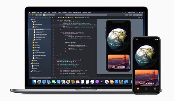Xcode running on a MacBook Pro and building an iPhone app
