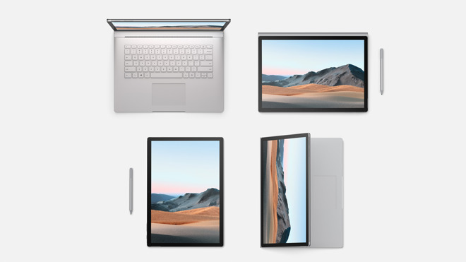 The Surface Book 3 in an assortment of orientations