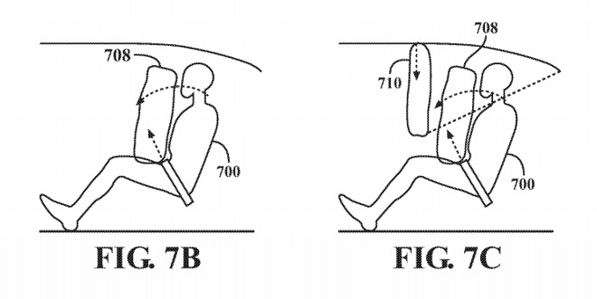 Examples of a seatbelt-style airbag and a ceiling-mounted airbag with extra tether to restrict movement