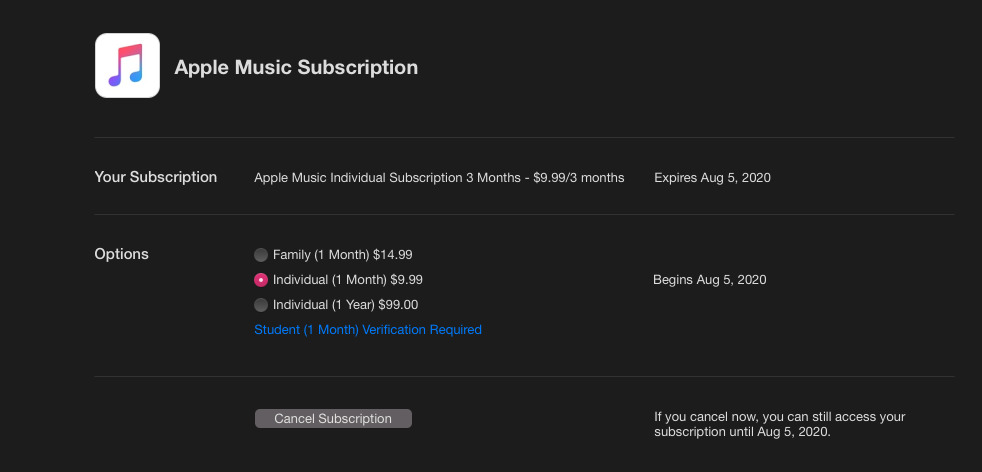 Changing Apple Music subscription plans on macOS