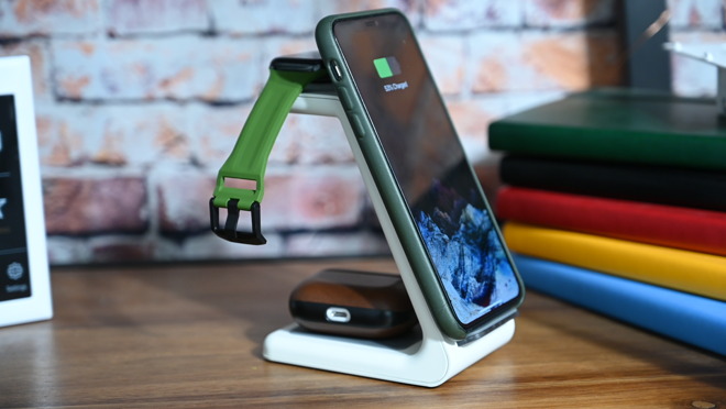 STM Goods ChargeTree powering an iPhone, Apple Watch, and set of AirPods Pro