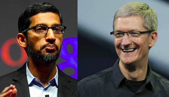 Alphabet and Google CEO Sundar Pichai, left, and Apple CEO Tim Cook, right.