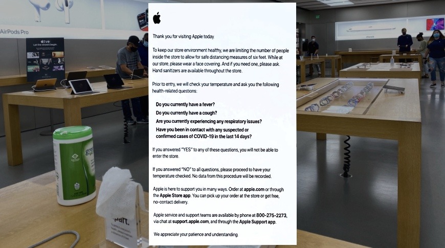 The sign presented at the entrance of the Apple Store