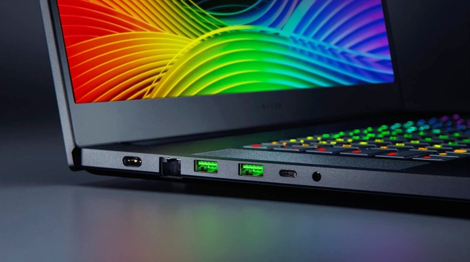Even the ports of the Razer Blade Pro 17 are tinted Razer-green.