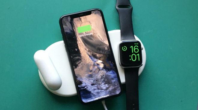 The Vissles-W 3-in-1 wireless charging pad with AirPods Pro, iPhone 11 Pro Max, and Apple Watch