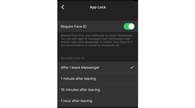 The App Lock settings screen showing Face ID and related options [via Facebook/Engadget]