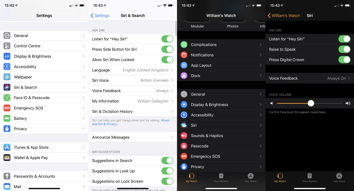 Left: Choose Siri &amp; Search in Settings. Right: Choose Siri in the Apple Watch app