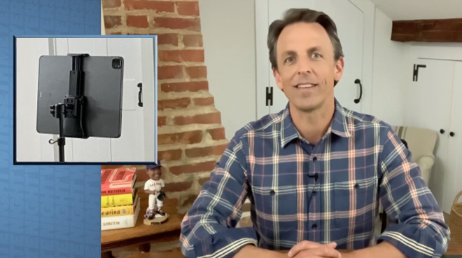 A typical shot from Late Night with Seth Meyers, plus (inset) the actual iPad Pro the show films on