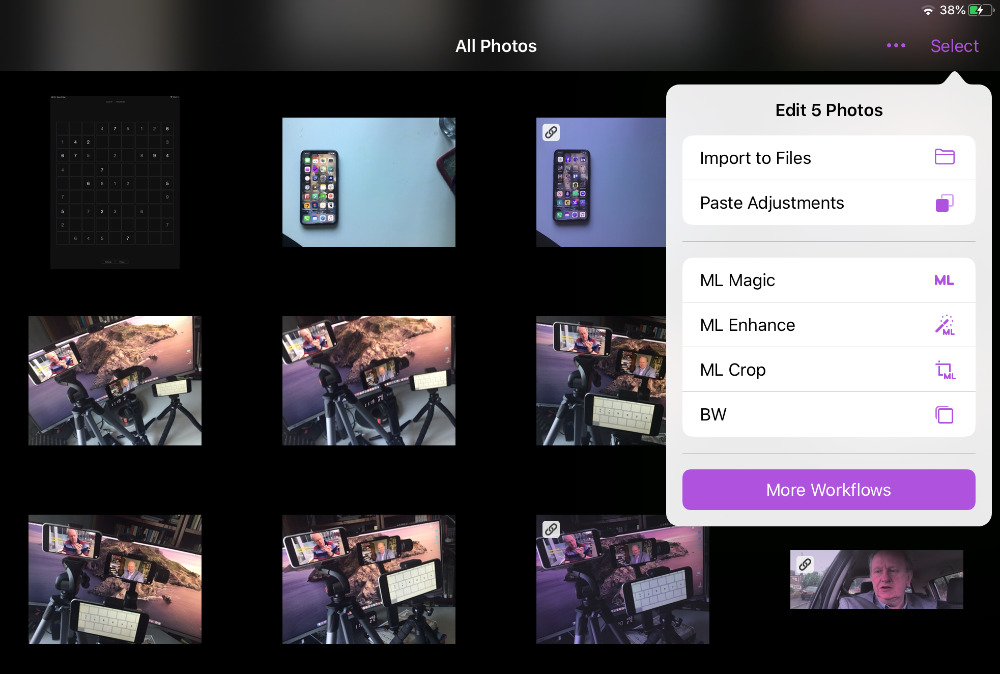 You can add favorite Pixelmator Photo features to this menu and then apply them to multiple images