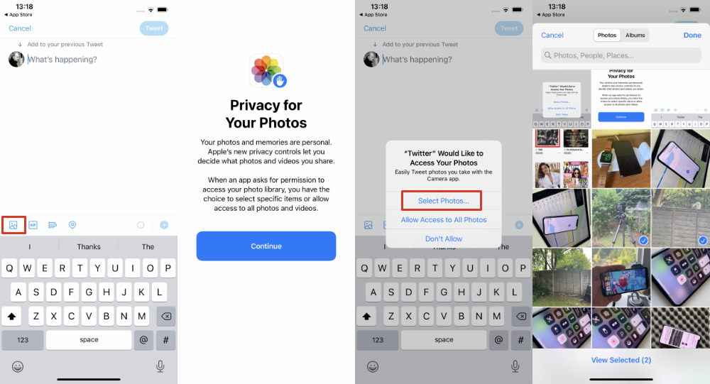 L-R Twitter user taps to add a photo. Apple displays a notice and then offers options. Lastly, a user can then pick the image or images they want to share