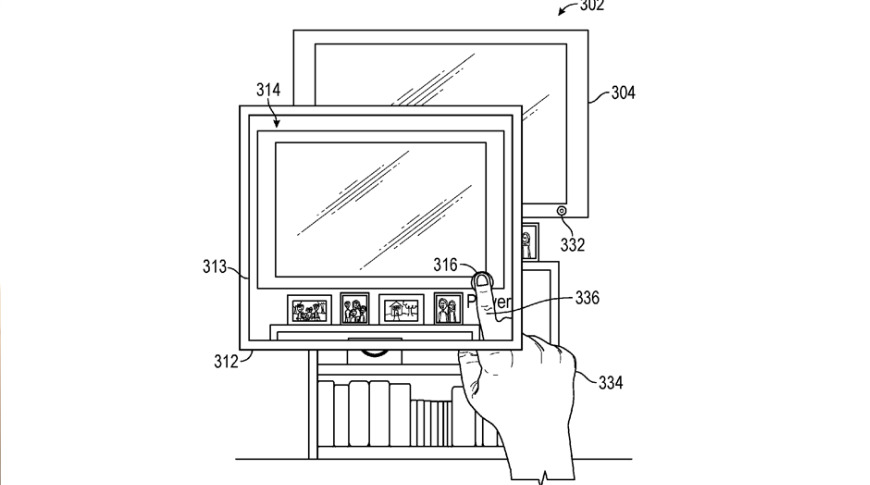 Detail from the patent showing a user tapping a virtual button in order to control a real-world device