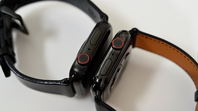 Apple Watch Series 5 in titanium (left) and stainless steel (right)