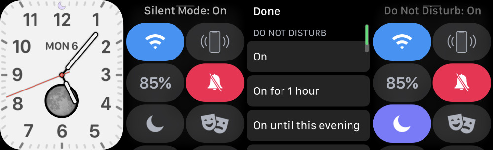 L-R: swipte up from Face, tap bell icon, tap crescent moon icon, specify Do Not Disturb period