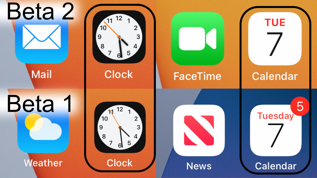 New clock and Calendar icons in iOS 14 beta 2