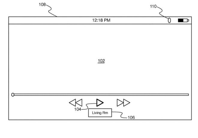 Detail from one of the patent applications showing familiar playback controls plus an indication of where the video is being streamed