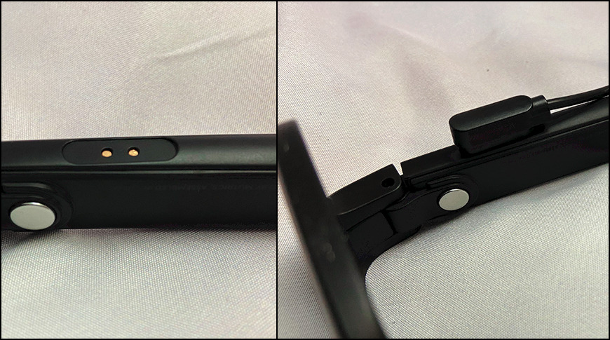 Left: Charging Port, Right: Charging cable connected to glasses
