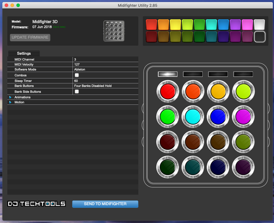 The LEDs can be configured to display a number of colors through a software utility included with the Midi Fighter 3D