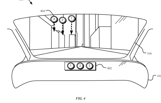 Detail from Apple's latest patent application regarding AR in the Apple Car's windshield