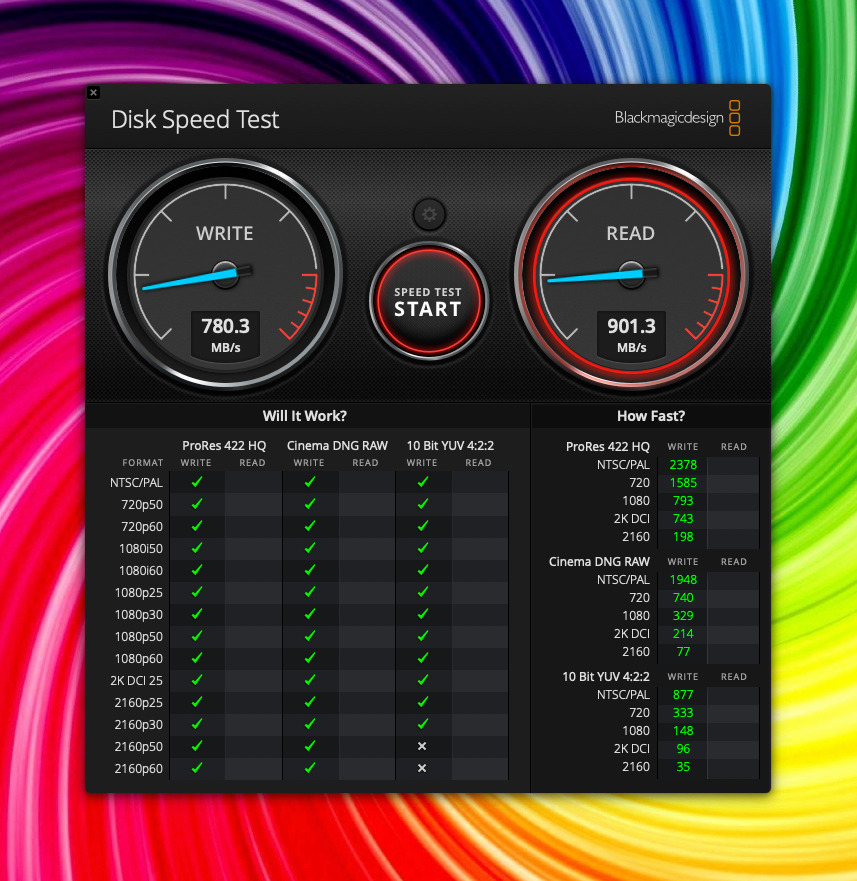 Blackmagic Disk Speed Test results for Sony XQD card