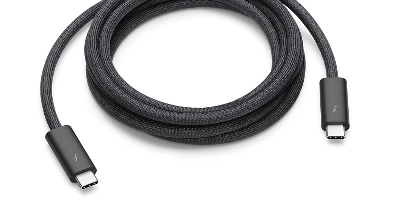Apple's Thunderbolt 3 Pro cable uses USB Type-C connectors and a black braided design. 