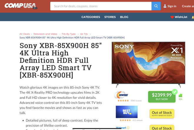 The new CompUSA giving product information on a Sony 4K TV