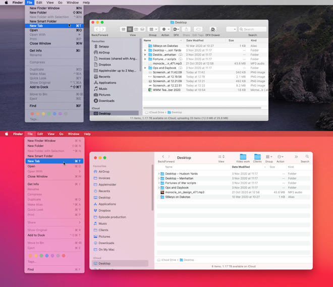 Top: Finder in macOS Catalina. Bottom: a roomier, more spaced Finder in macOS Big Sur