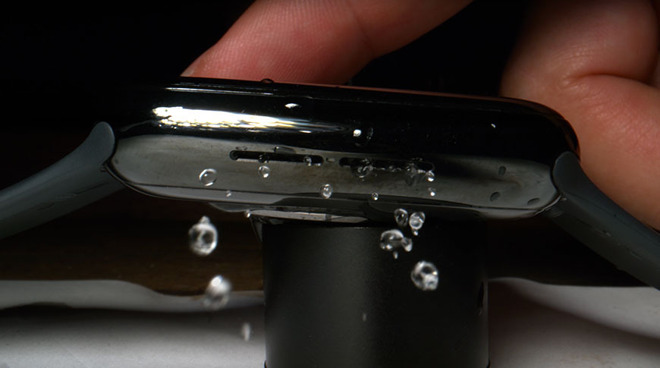 An Apple Watch ejecting water